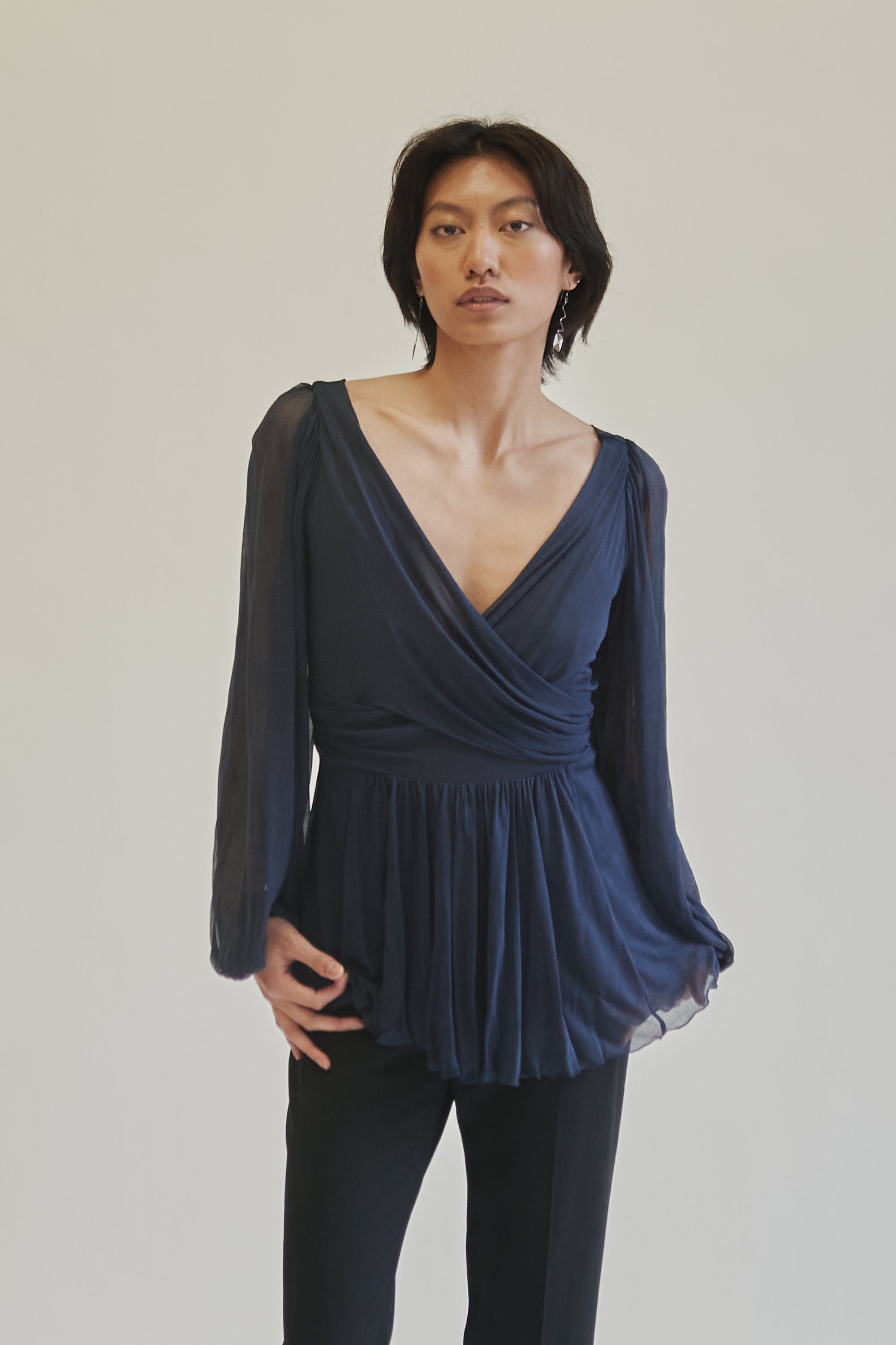 Slate Blue Draped Silk Blouse - Hey Jude