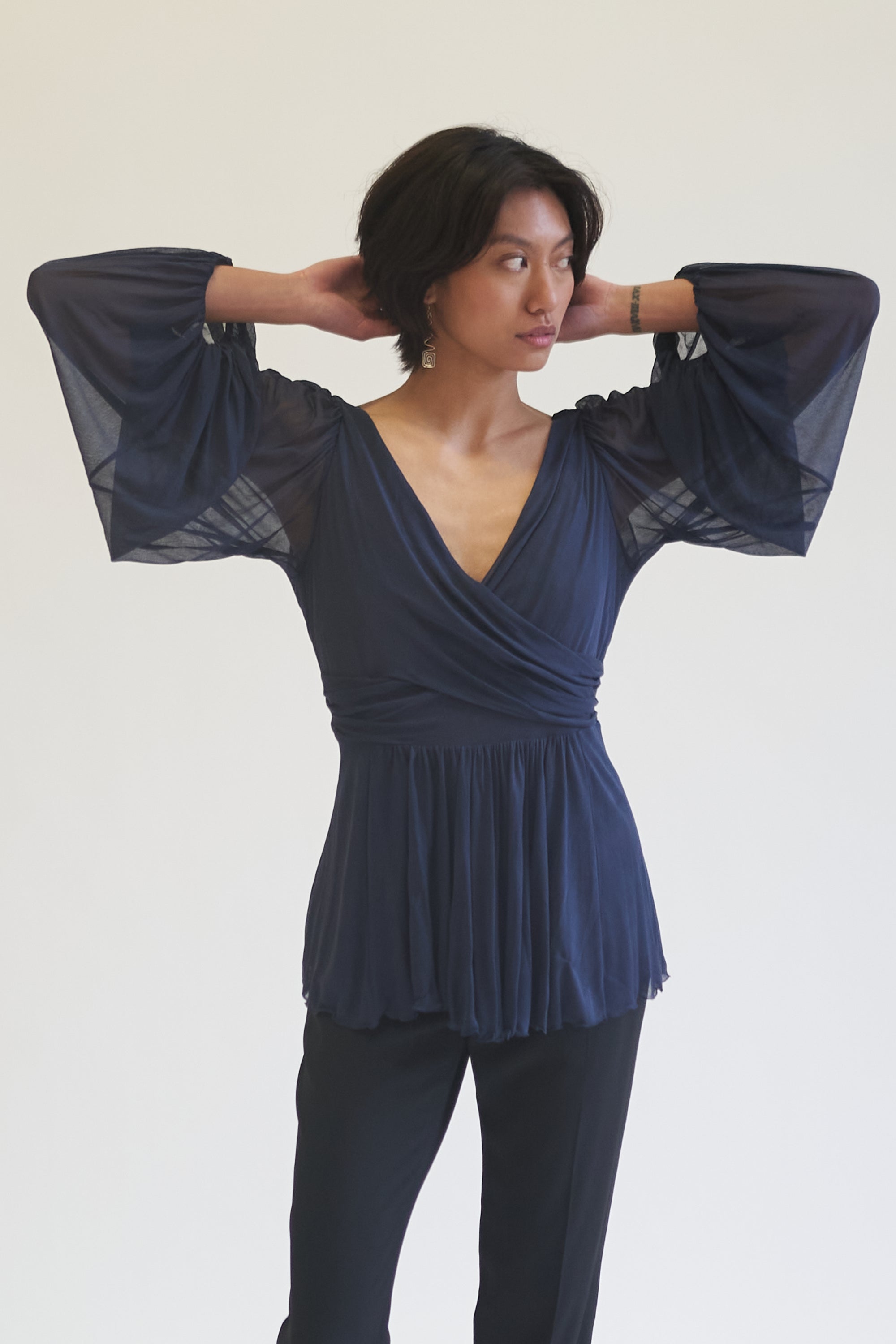 Slate Blue Draped Silk Blouse - Hey Jude