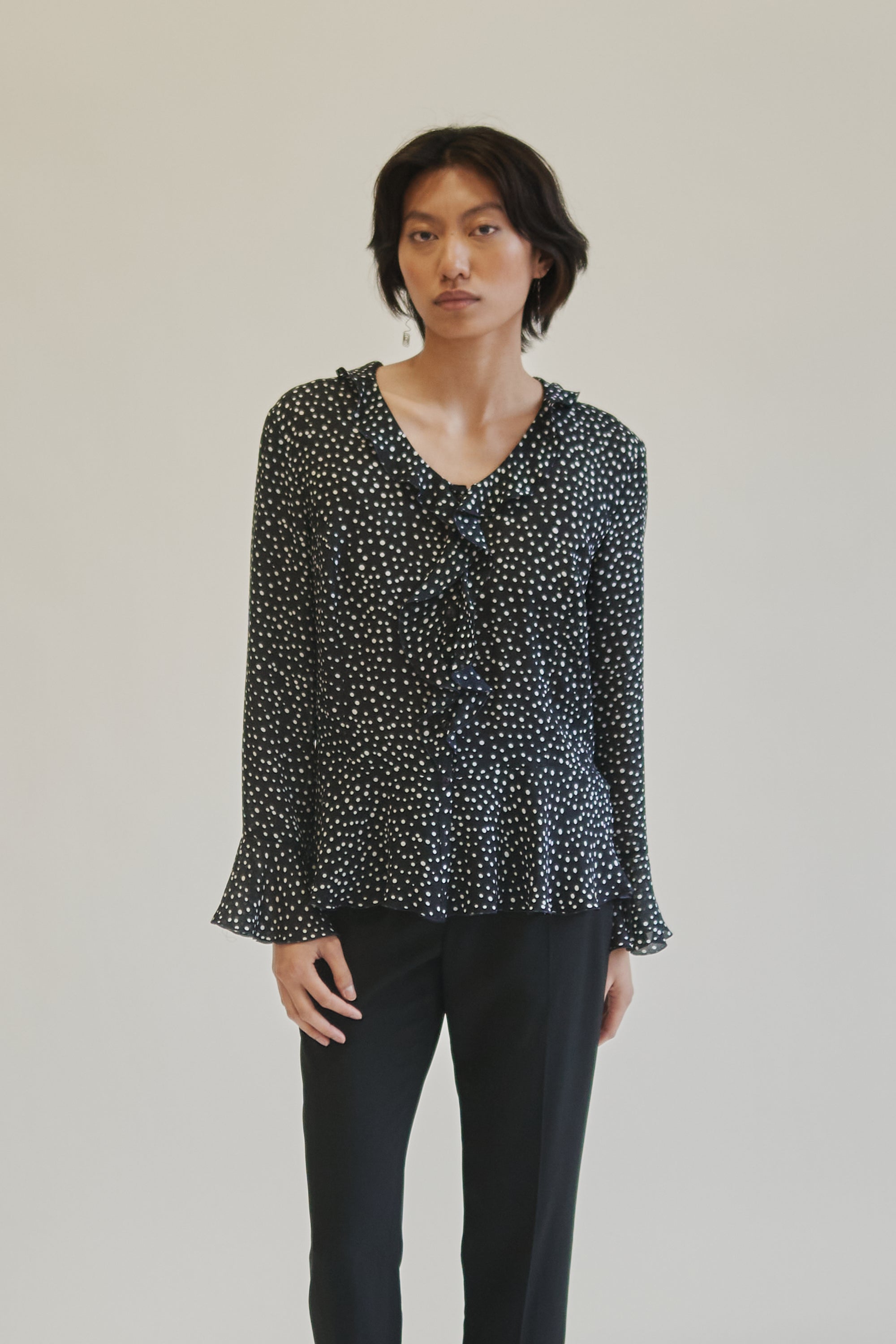 Navy Sheer Polka Dot Ruffle Blouse - Hey Jude