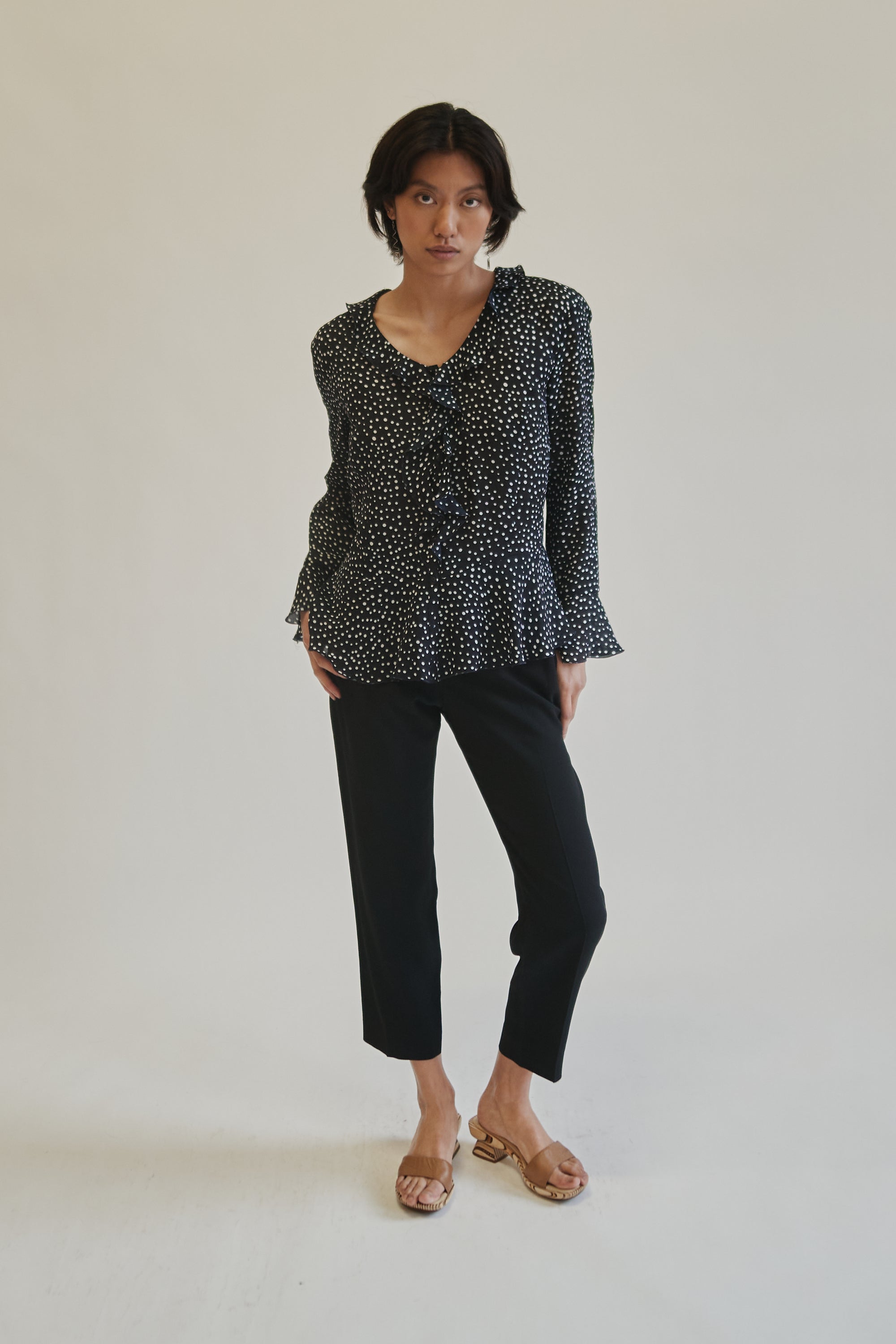 Navy Sheer Polka Dot Ruffle Blouse - Hey Jude