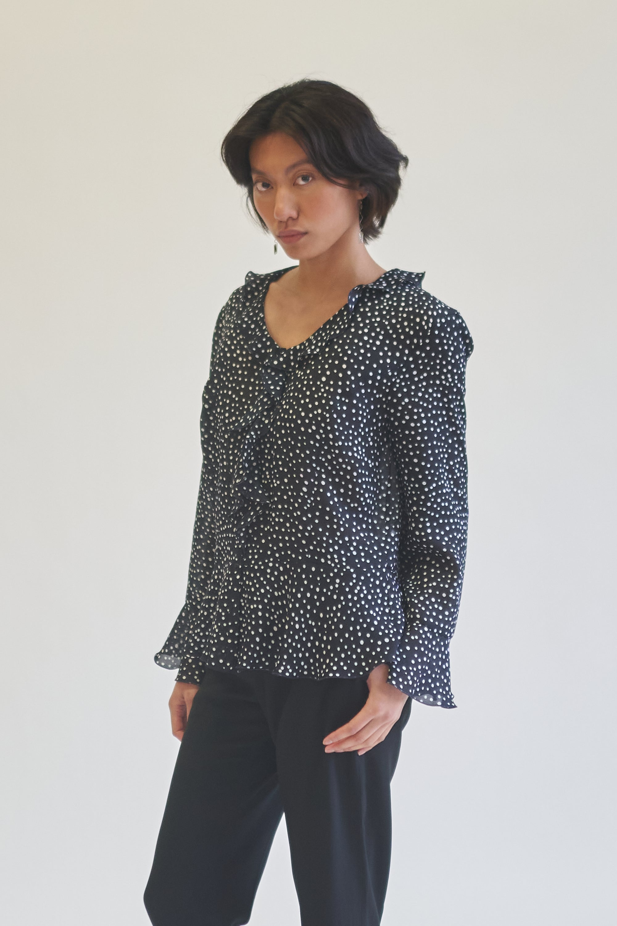 Navy Sheer Polka Dot Ruffle Blouse - Hey Jude