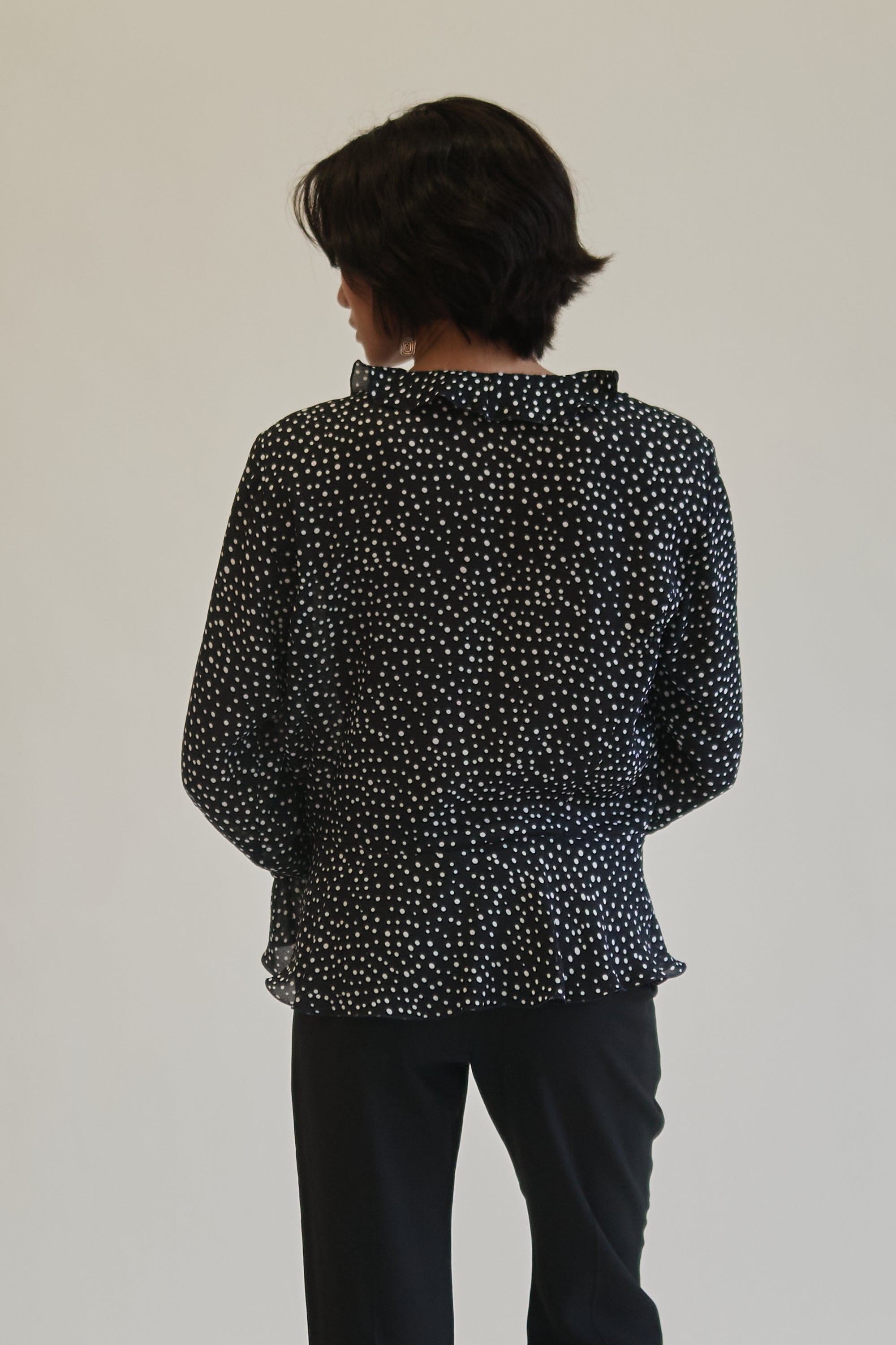 Navy Sheer Polka Dot Ruffle Blouse - Hey Jude