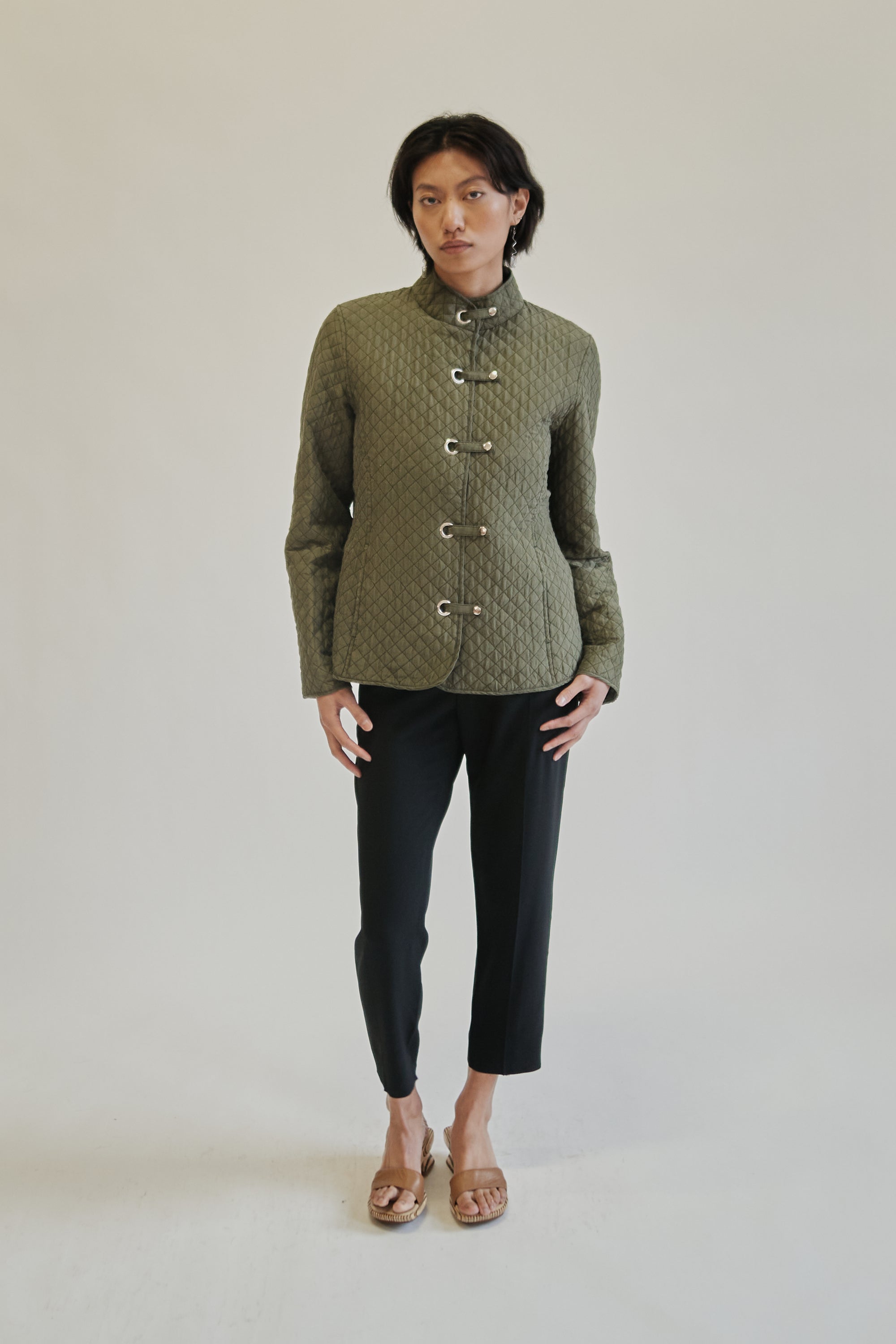Olive Quilted Silk Snap Jacket - Hey Jude