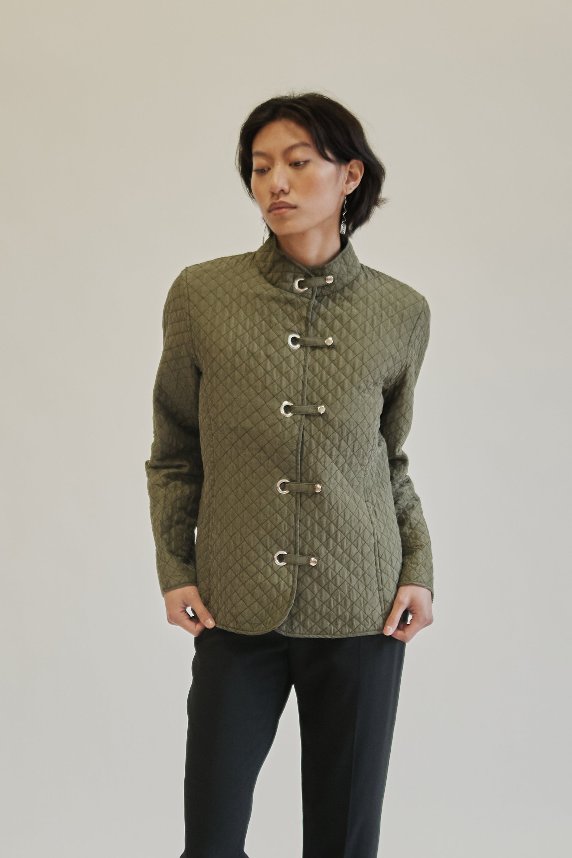 Olive Quilted Silk Snap Jacket - Hey Jude