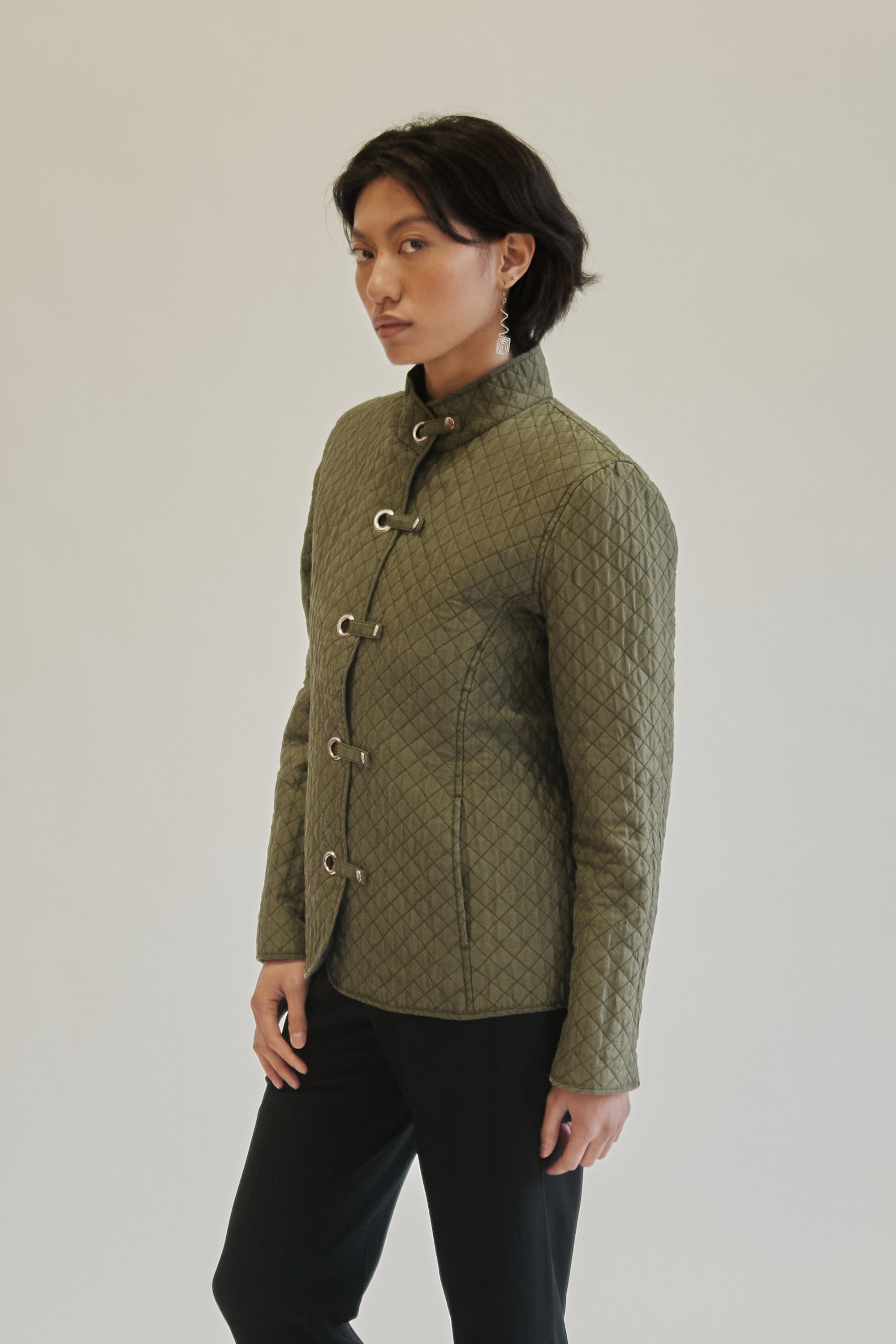 Olive Quilted Silk Snap Jacket - Hey Jude
