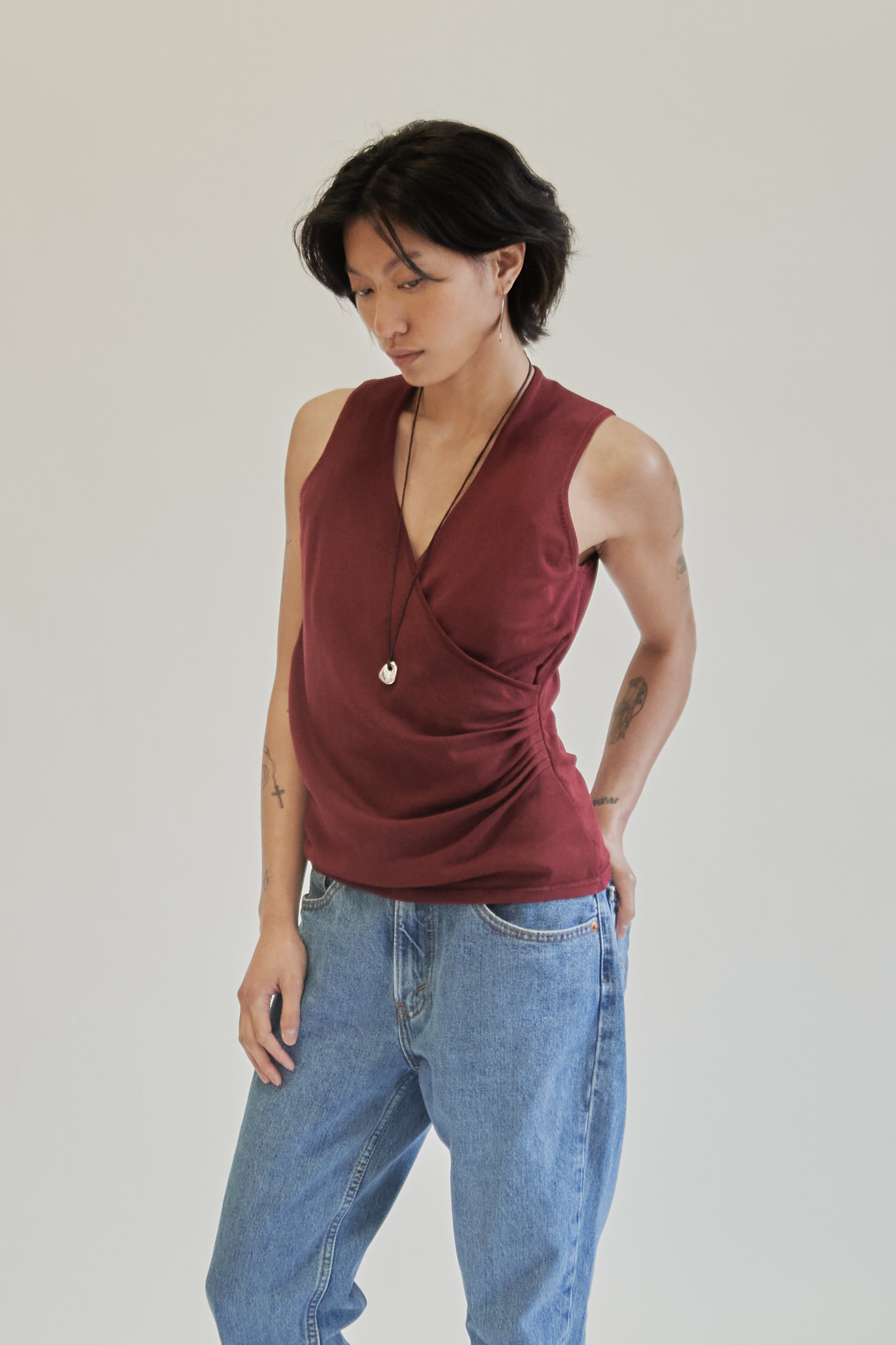 Crimson Silk V-neck Wrap Tank - Hey Jude