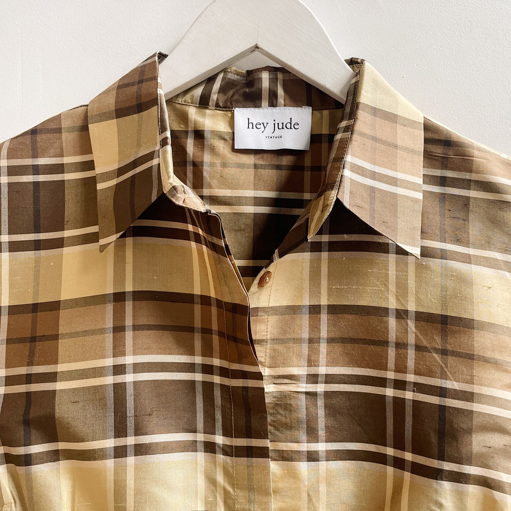 Chocolate Plaid Sleeveless Silk Blouse