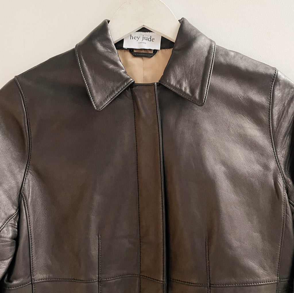 Dark Chocolate Minimal Zip-Up Leather Jacket