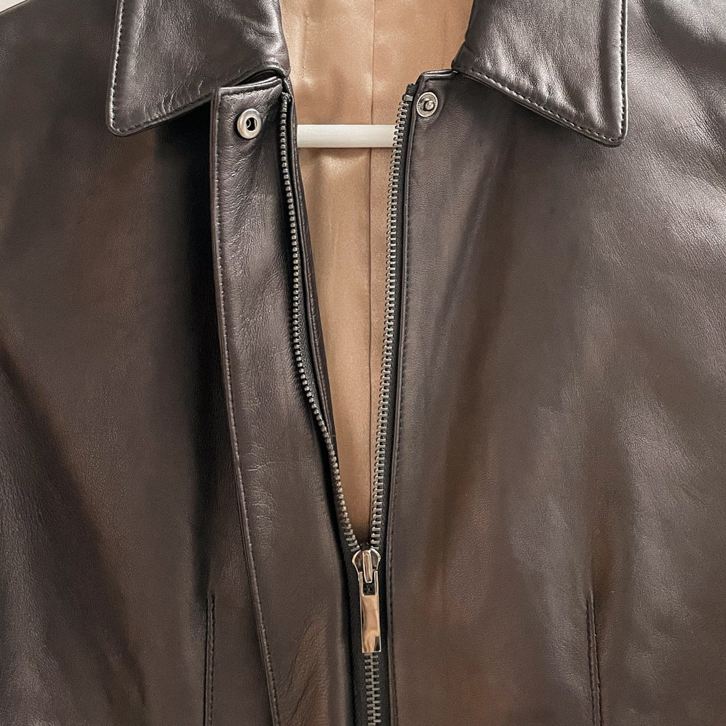 Dark Chocolate Minimal Zip-Up Leather Jacket