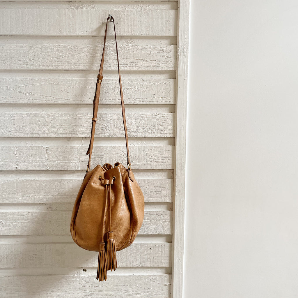 Camel Leather Tasseled Bucket Bag