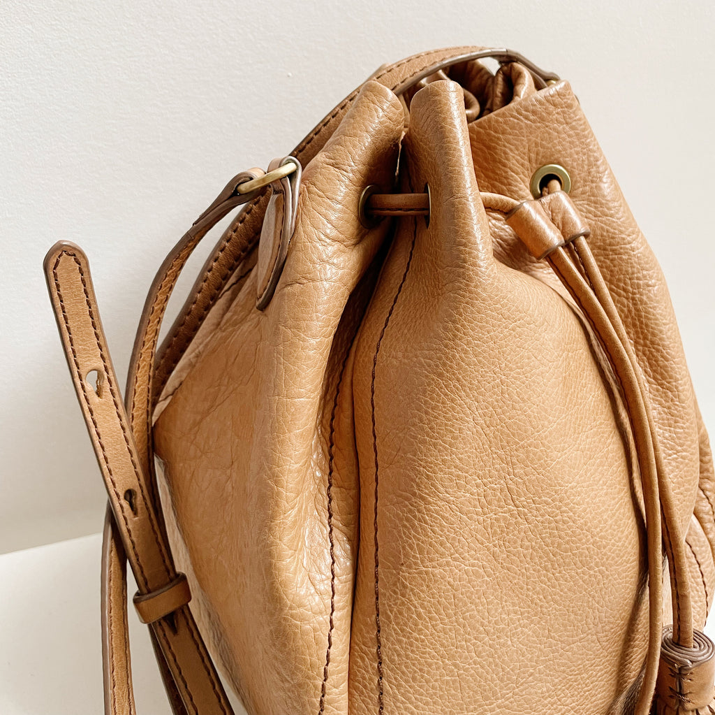 Camel Leather Tasseled Bucket Bag