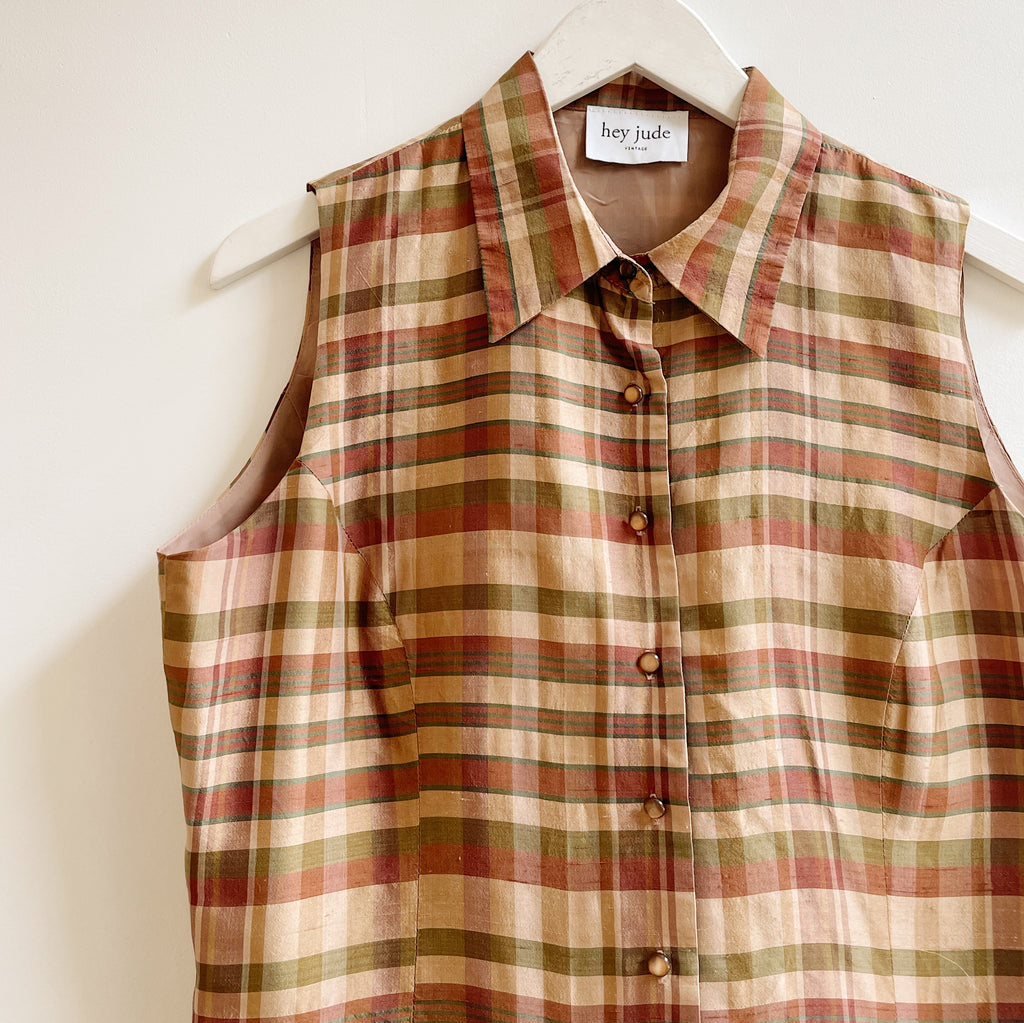 Autumnal Plaid Silk Buttoned Blouse