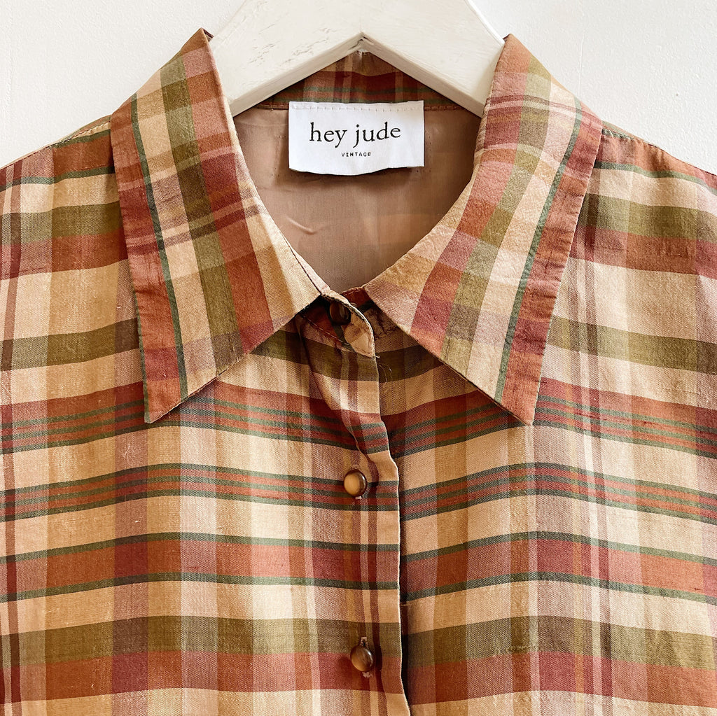 Autumnal Plaid Silk Buttoned Blouse