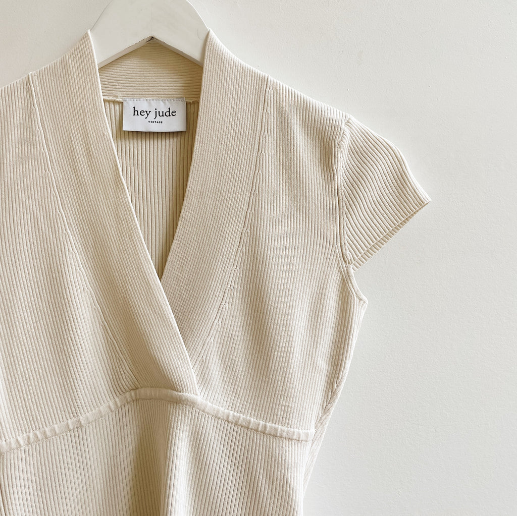 Cream Silk Knit V-Neck Top