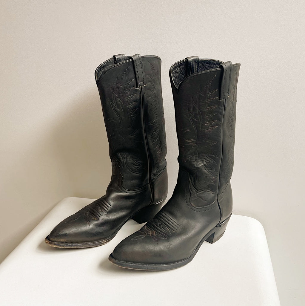 Matte Black Leather Cowboy Boots | 6