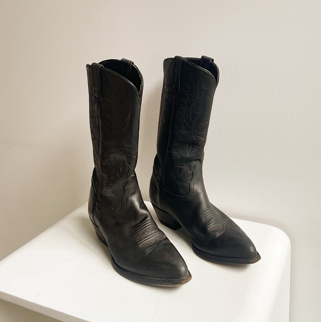 Matte Black Leather Cowboy Boots | 6