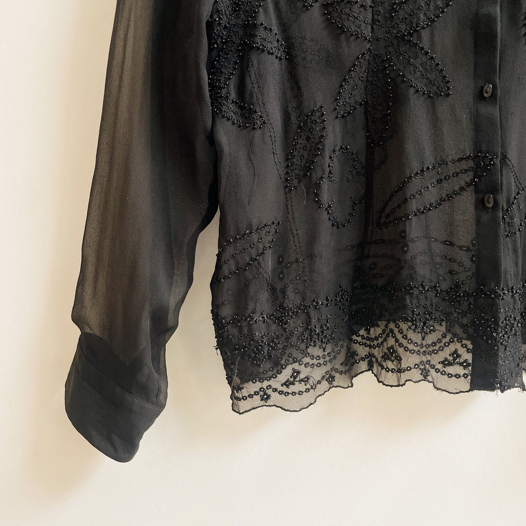 Black Sheer Silk Beaded Top