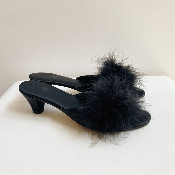 Black Satin Ostrich Kitten Heel | Size 8N