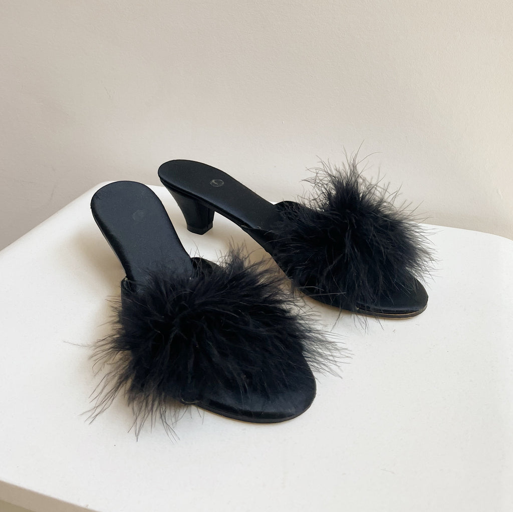 Black Satin Ostrich Kitten Heel | Size 8N