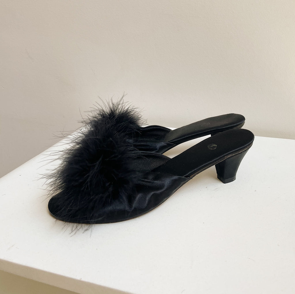 Black Satin Ostrich Kitten Heel | Size 8N