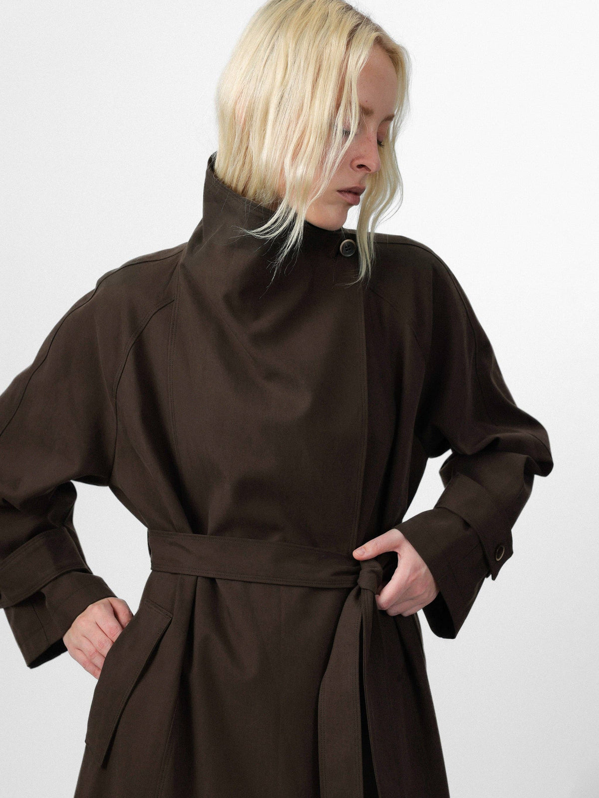 CUBIC | Stand Collar Belted Long Trench Coat in Reddish Brown