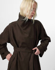 CUBIC | Stand Collar Belted Long Trench Coat in Reddish Brown