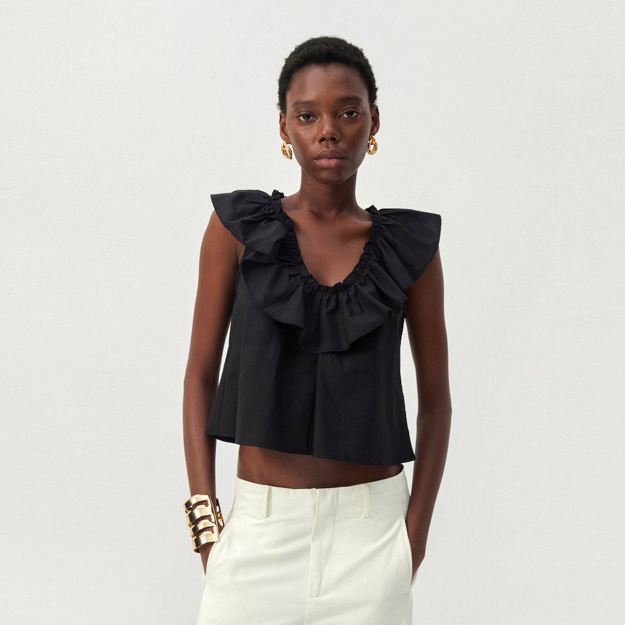 CUBIC - CUBIC Ruffle V-Neck Sleeveless Blouse: Black / S - Hey Jude