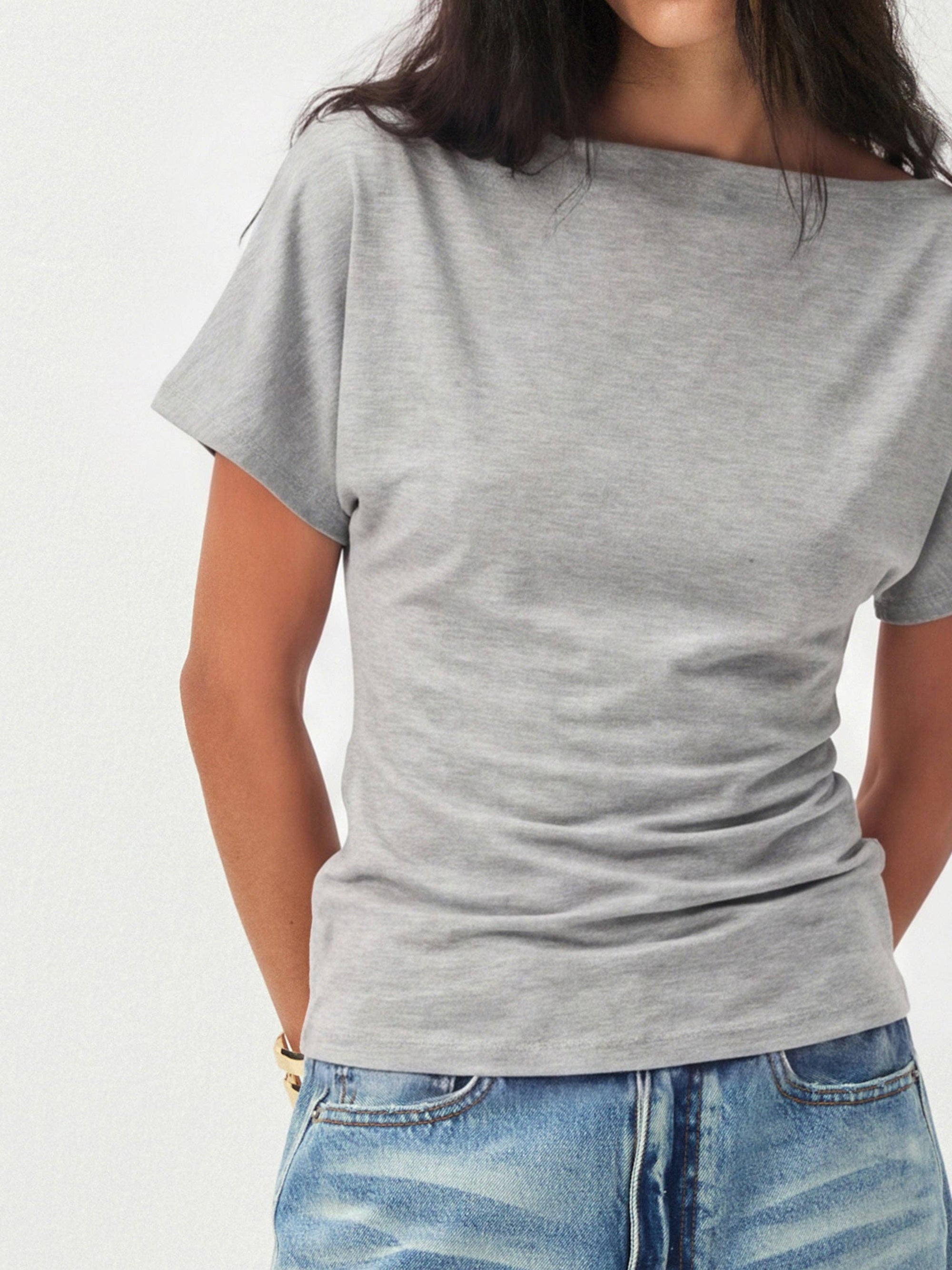 CUBIC - CUBIC Lyocell Blend Off-Shoulder Fitted Top: Gray / UN - Hey Jude