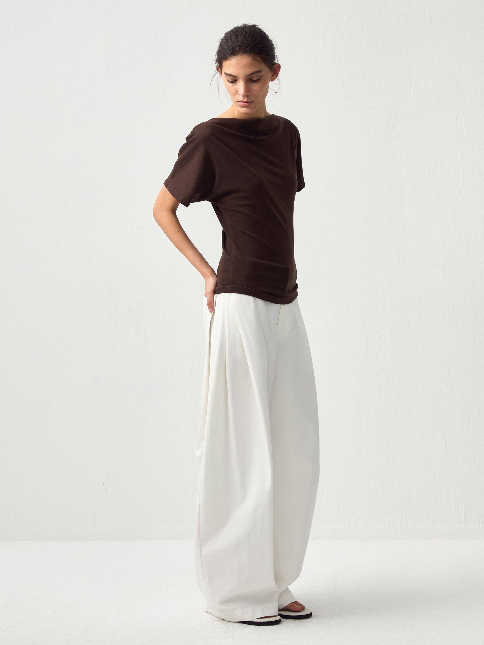 CUBIC - CUBIC Lyocell Blend Off-Shoulder Fitted Top: Brown / UN - Hey Jude
