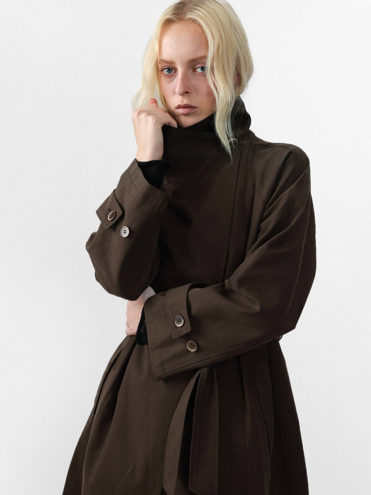 CUBIC | Stand Collar Belted Long Trench Coat in Reddish Brown