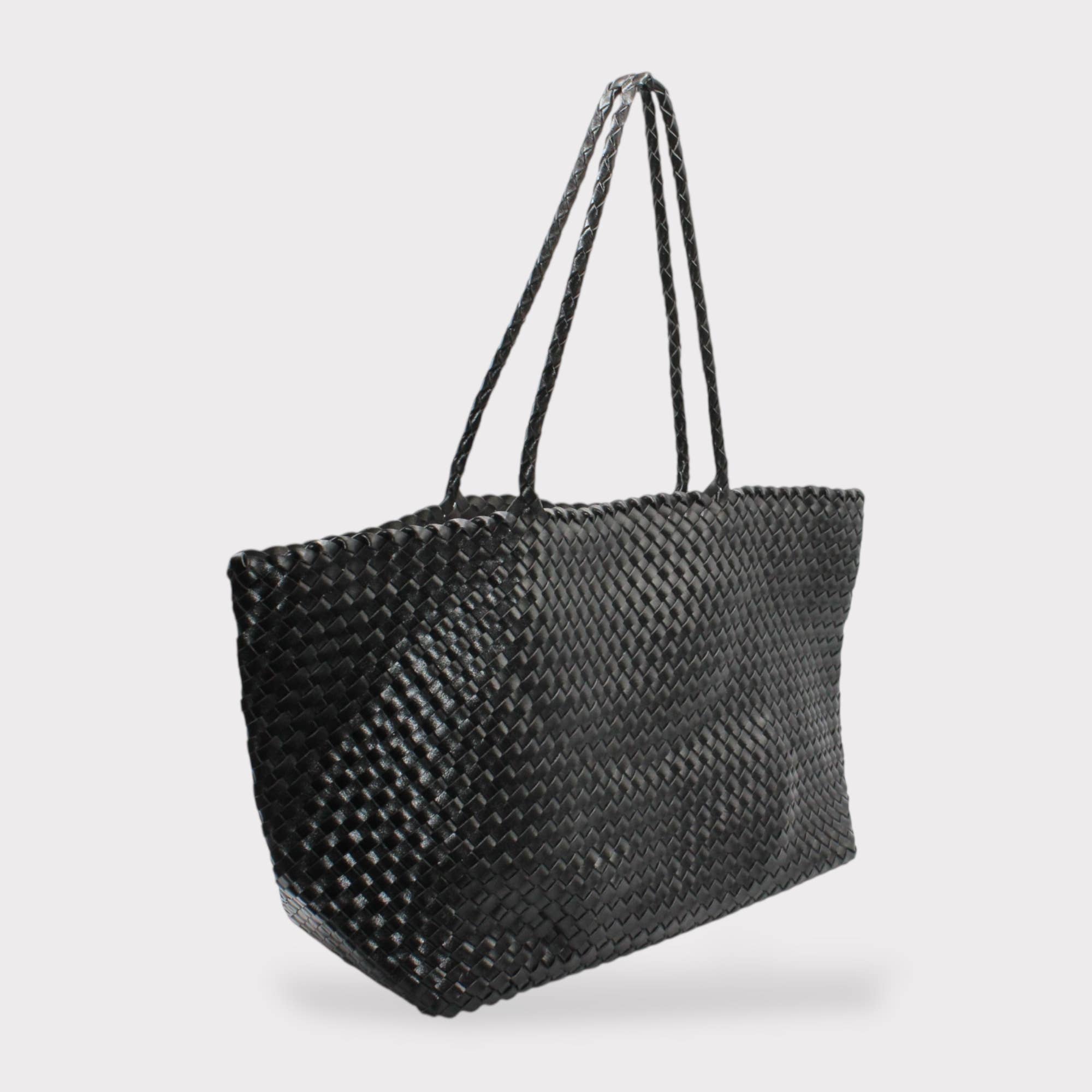 Italian Leather Braided Tote in Black