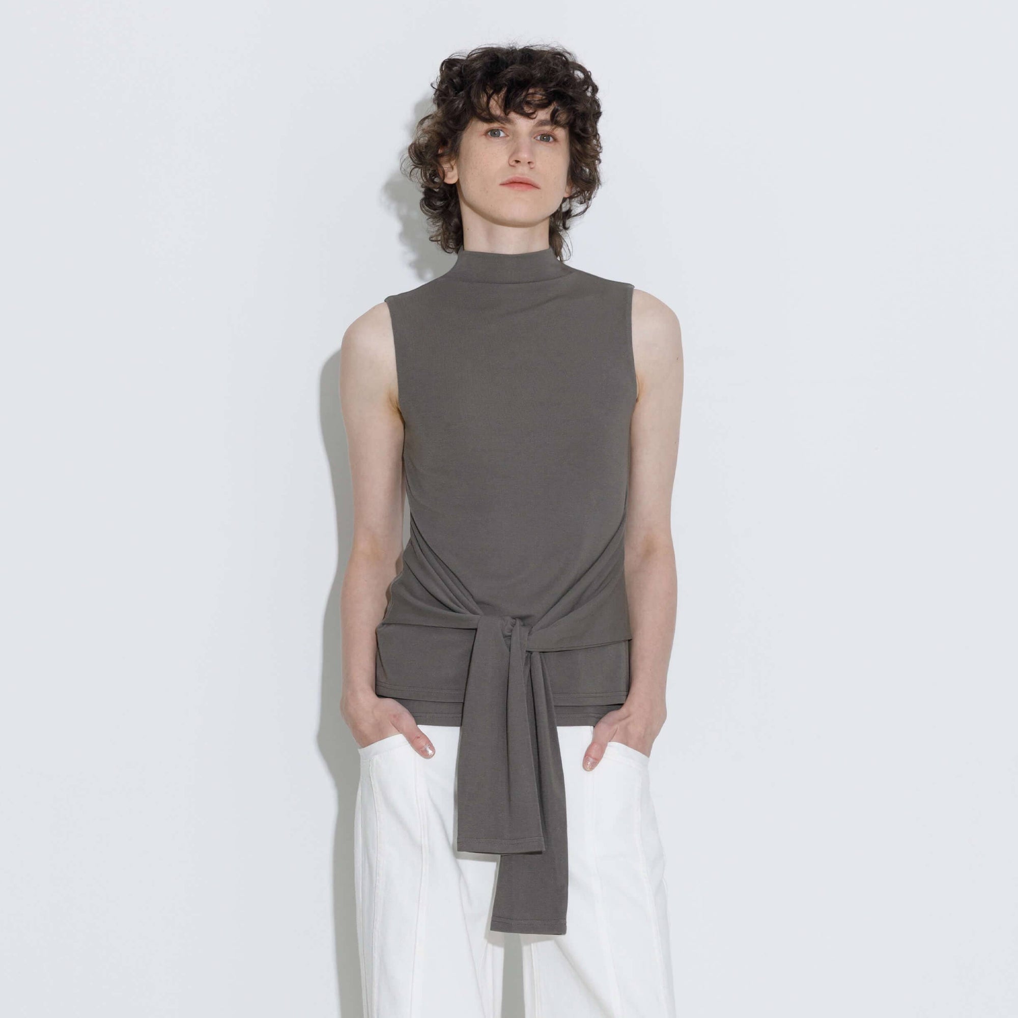 CUBIC - Tie-Detail Sleeveless Mock Neck Top: Gray / S - Hey Jude
