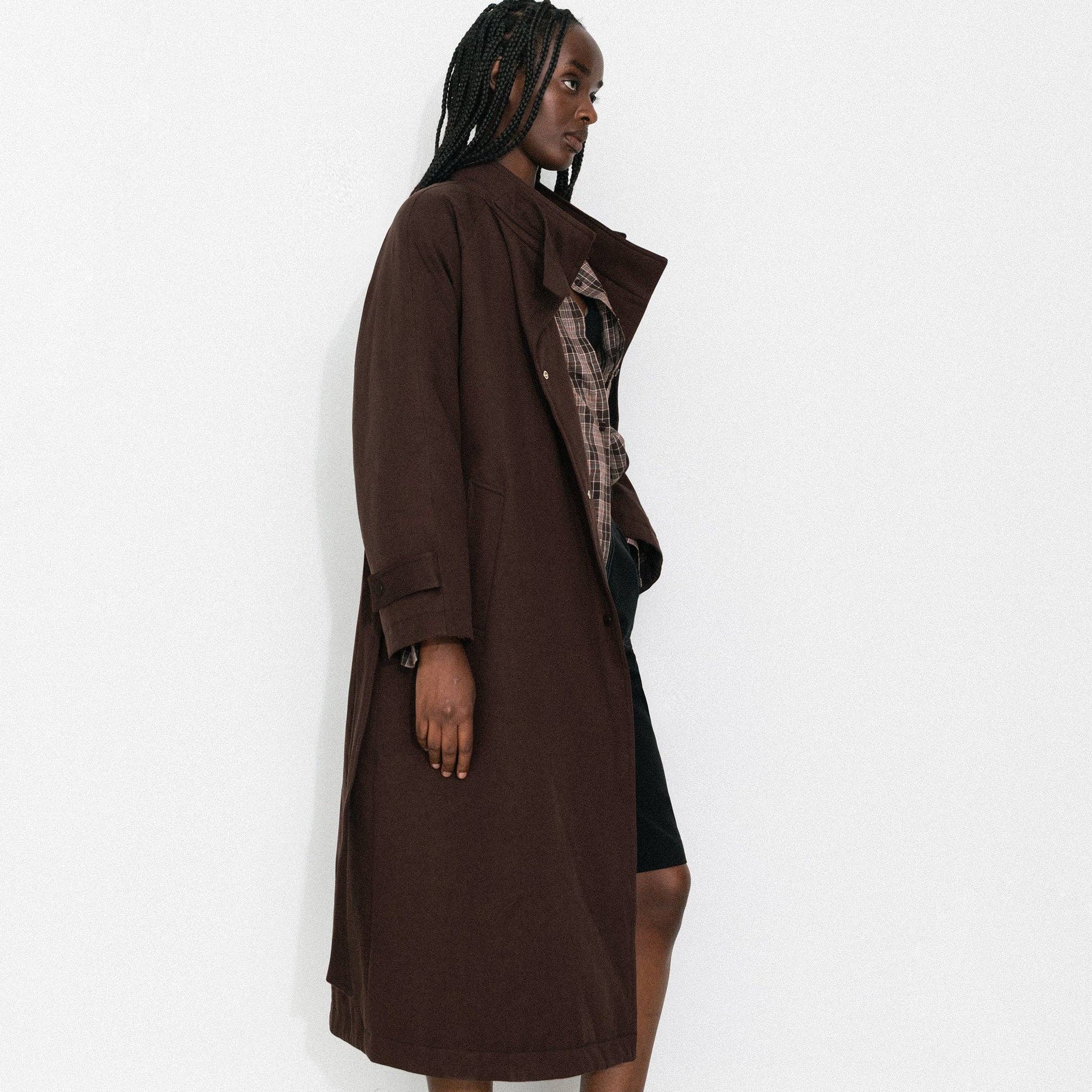 Cubic | Convertible Collar Long Down Trench Coat in Espresso