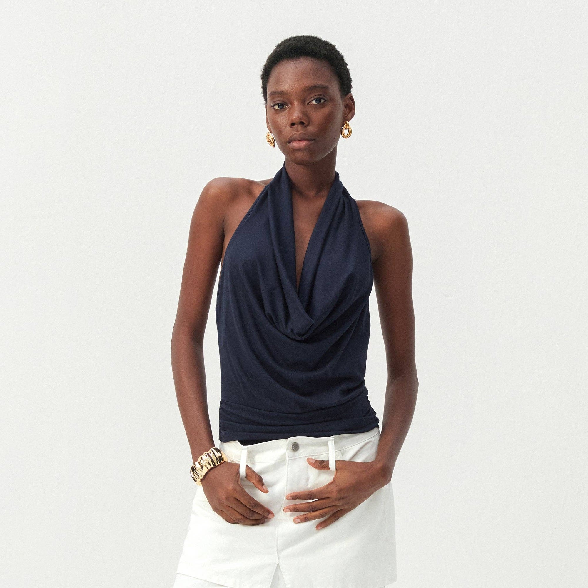 CUBIC - CUBIC Minimal Cowl Neck Halter Camisole: Navy / S - Hey Jude