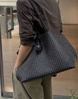Italian Leather Braided Tote in Black