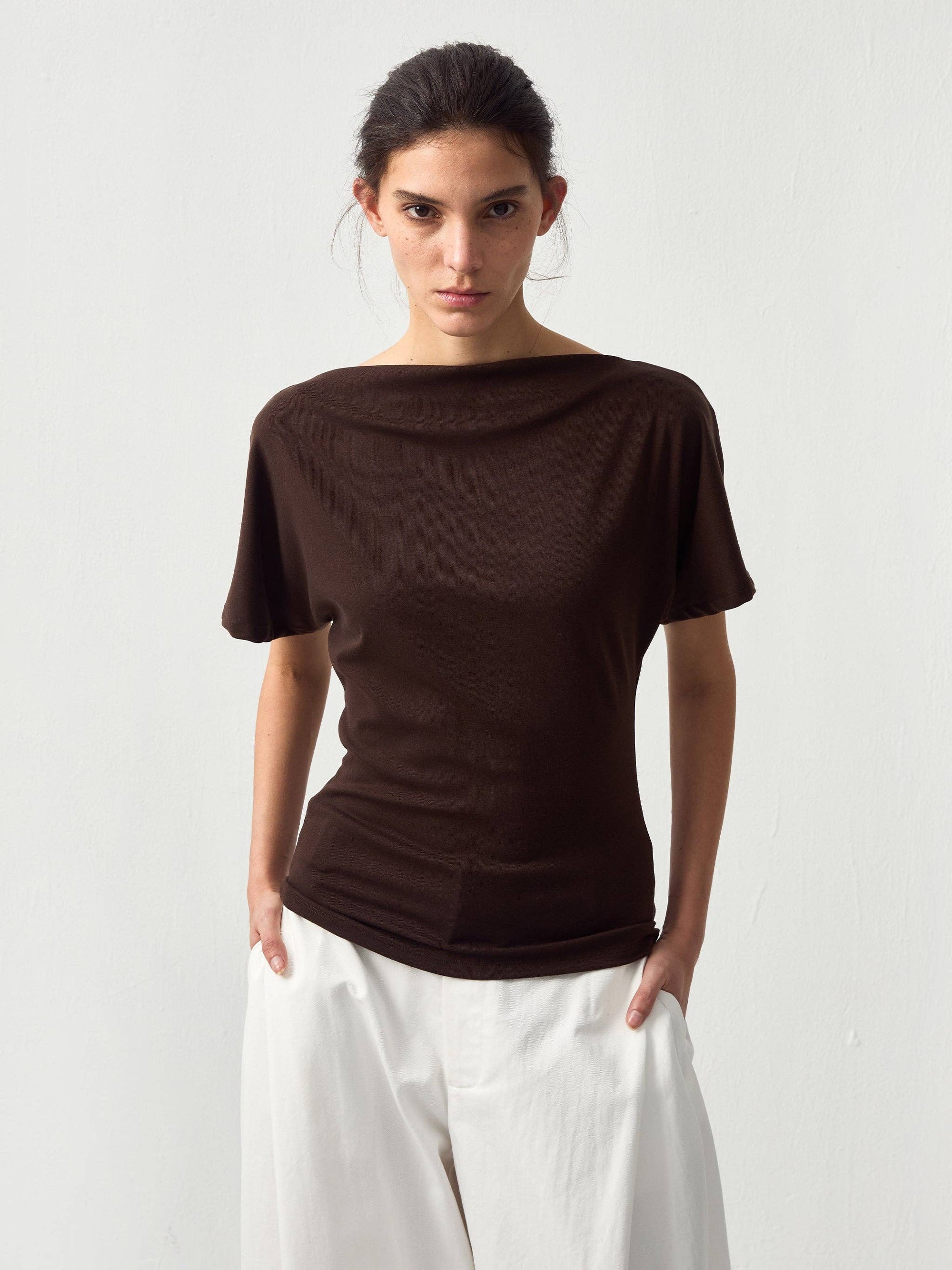 CUBIC - CUBIC Lyocell Blend Off-Shoulder Fitted Top: Brown / UN - Hey Jude