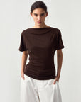 CUBIC - CUBIC Lyocell Blend Off-Shoulder Fitted Top: Brown / UN - Hey Jude