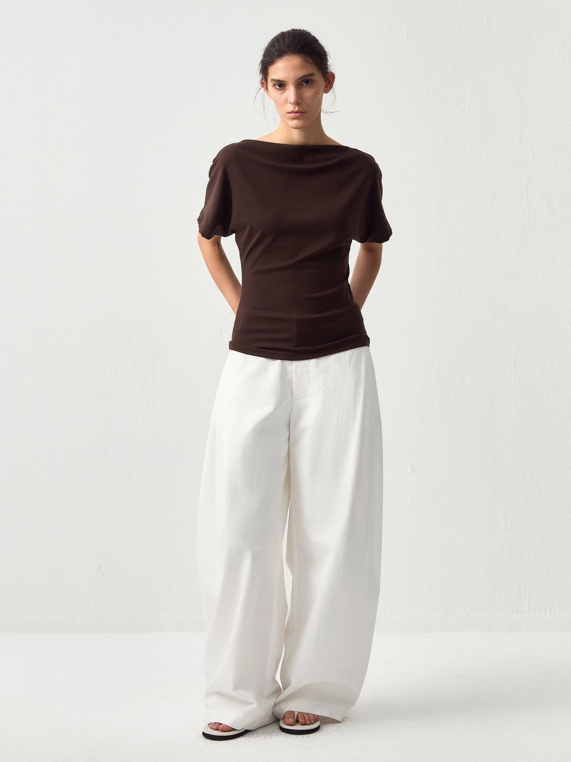CUBIC - CUBIC Lyocell Blend Off-Shoulder Fitted Top: Brown / UN - Hey Jude