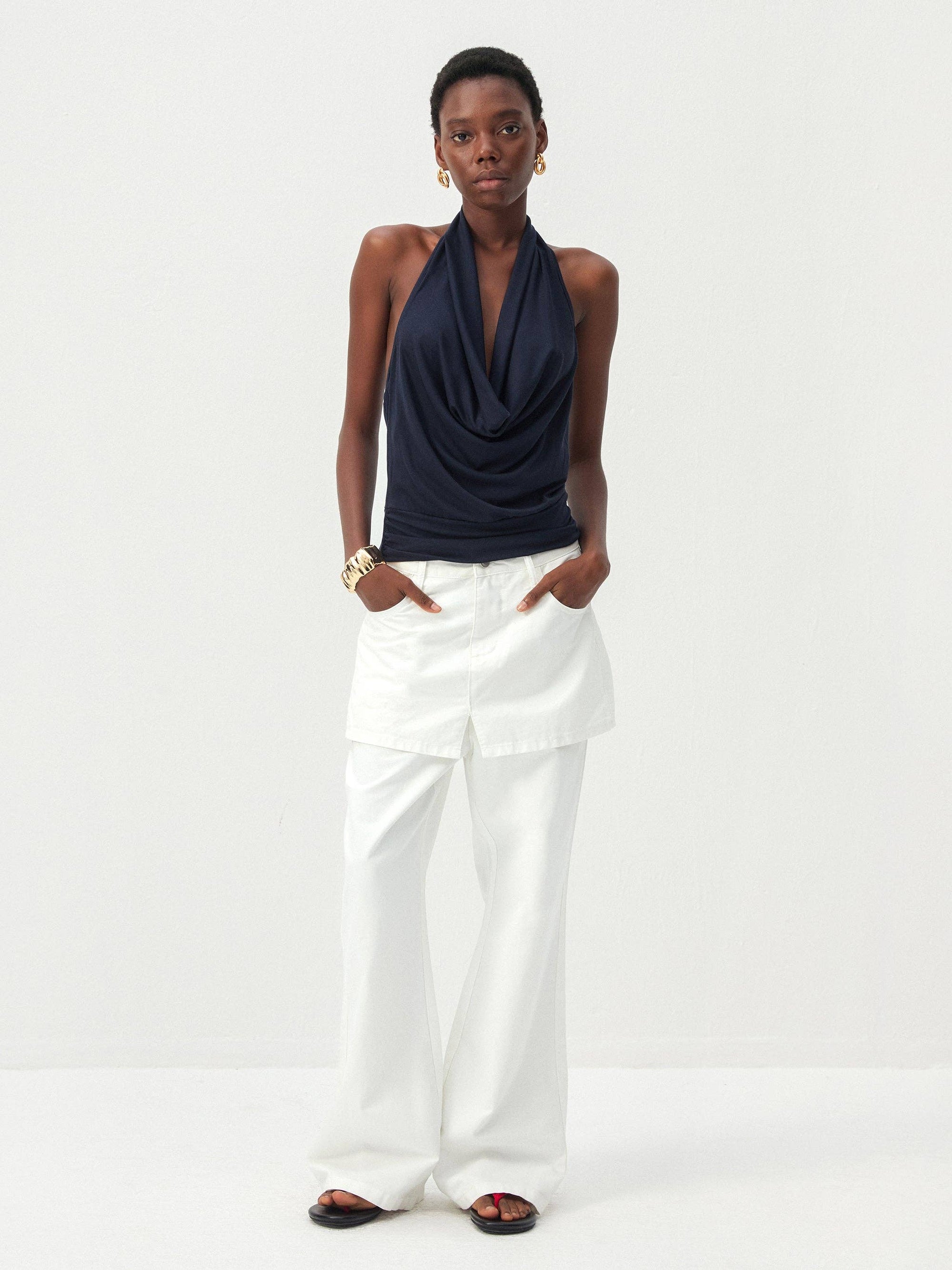 CUBIC - CUBIC Minimal Cowl Neck Halter Camisole: Navy / S - Hey Jude