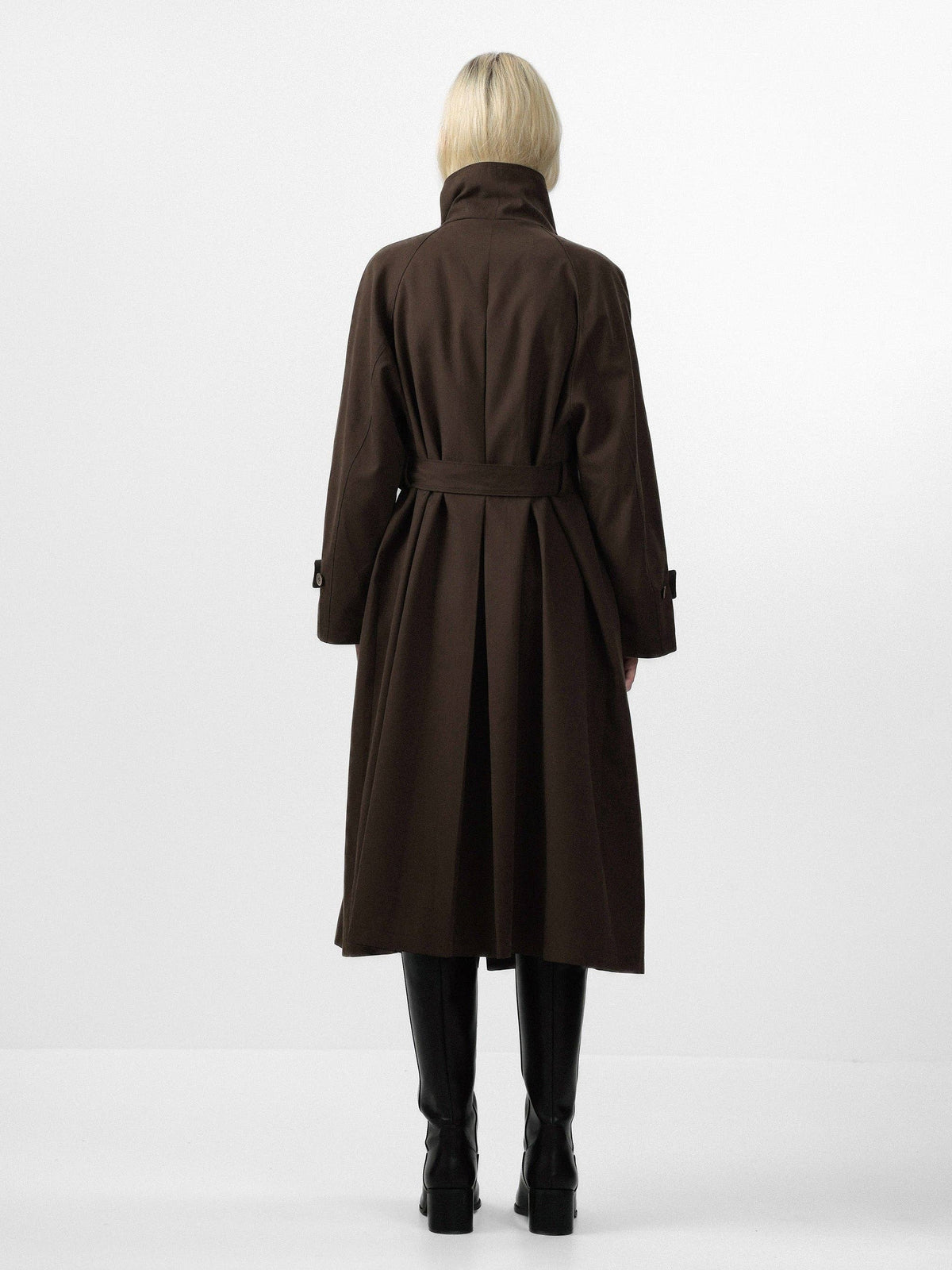CUBIC | Stand Collar Belted Long Trench Coat in Reddish Brown