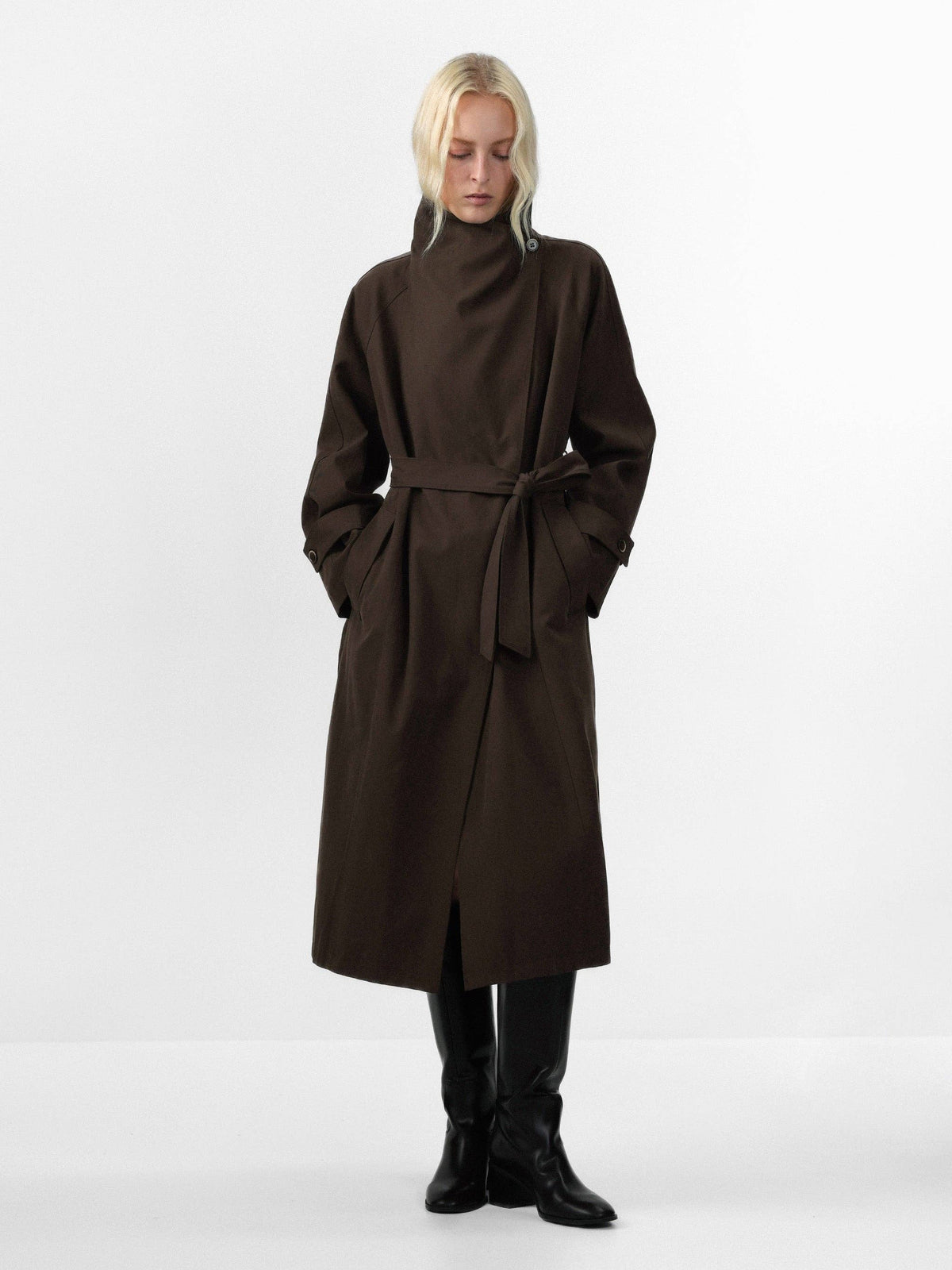CUBIC | Stand Collar Belted Long Trench Coat in Reddish Brown