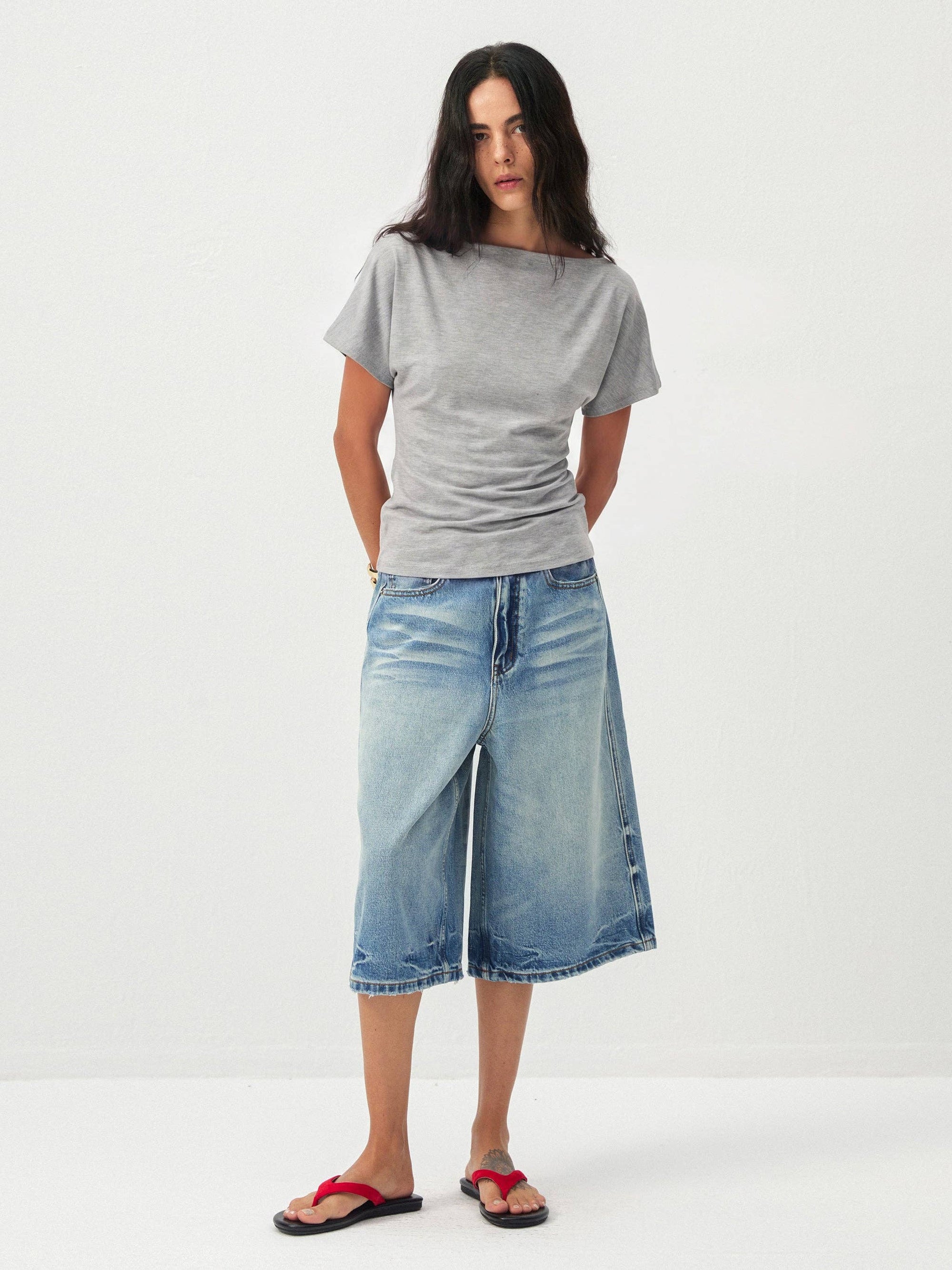 CUBIC - CUBIC Lyocell Blend Off-Shoulder Fitted Top: Gray / UN - Hey Jude