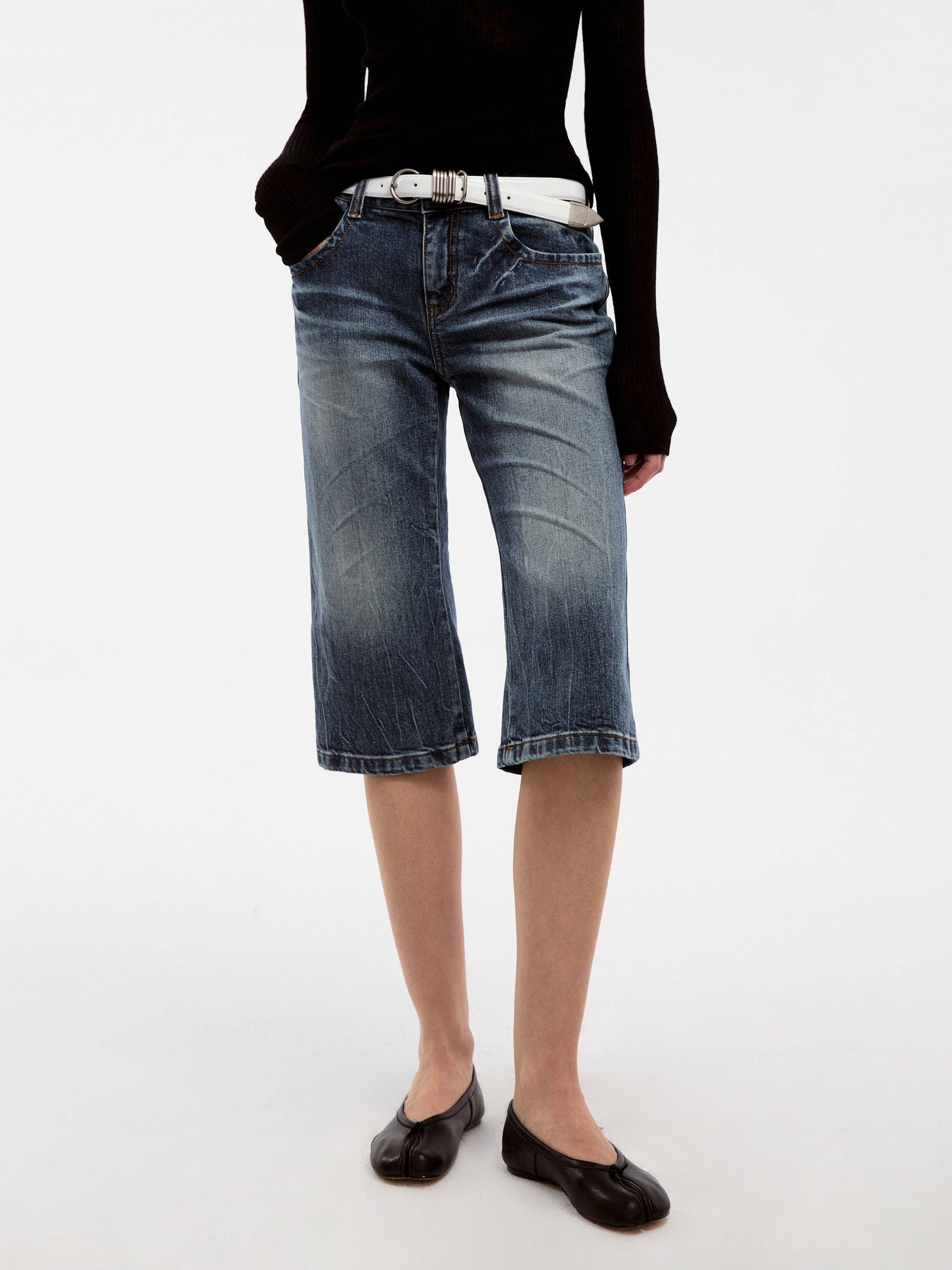CUBIC - CUBIC Washed Denim Knee-Length Shorts: Blue / S - Hey Jude