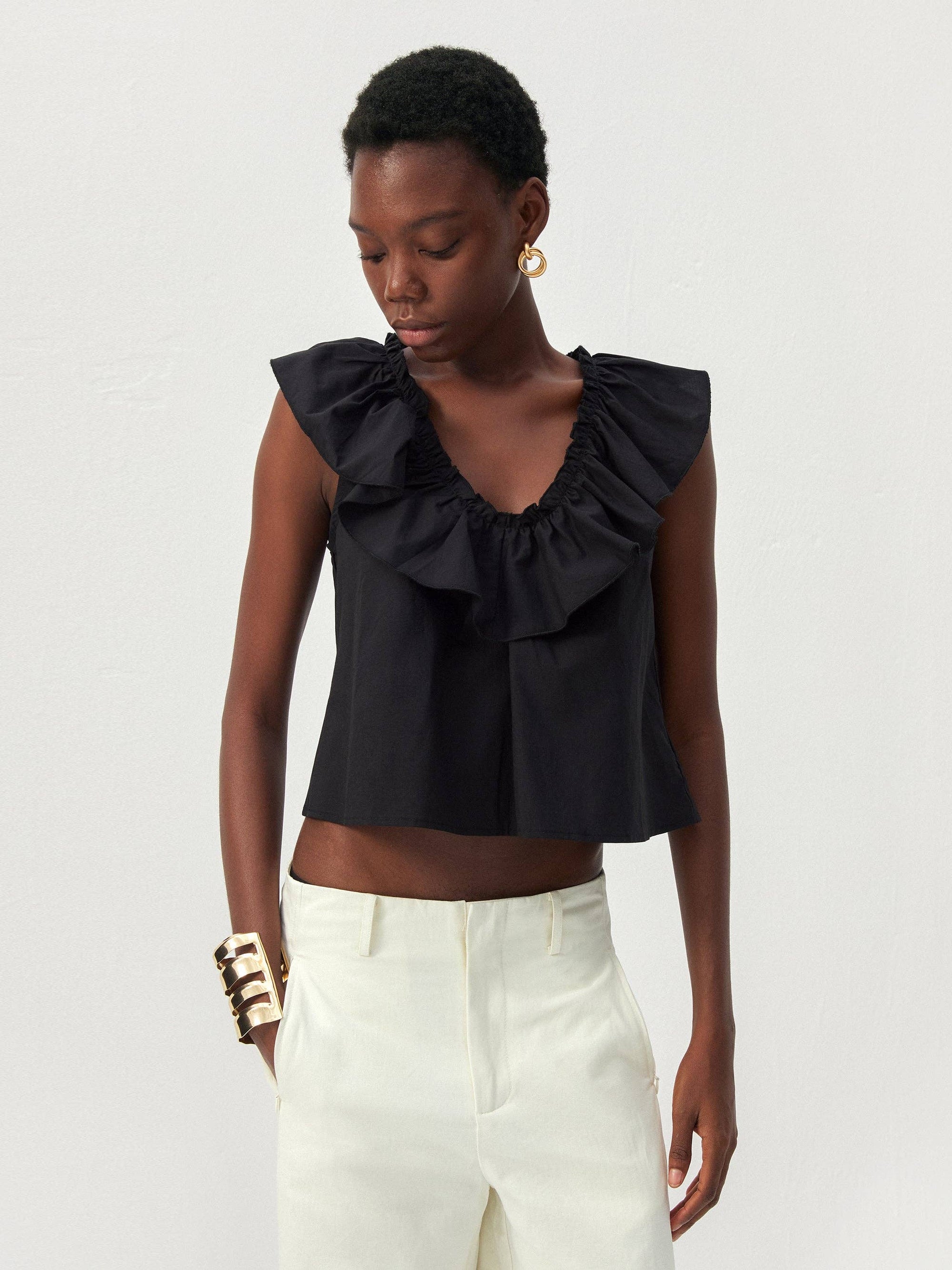 CUBIC - CUBIC Ruffle V-Neck Sleeveless Blouse: Black / S - Hey Jude