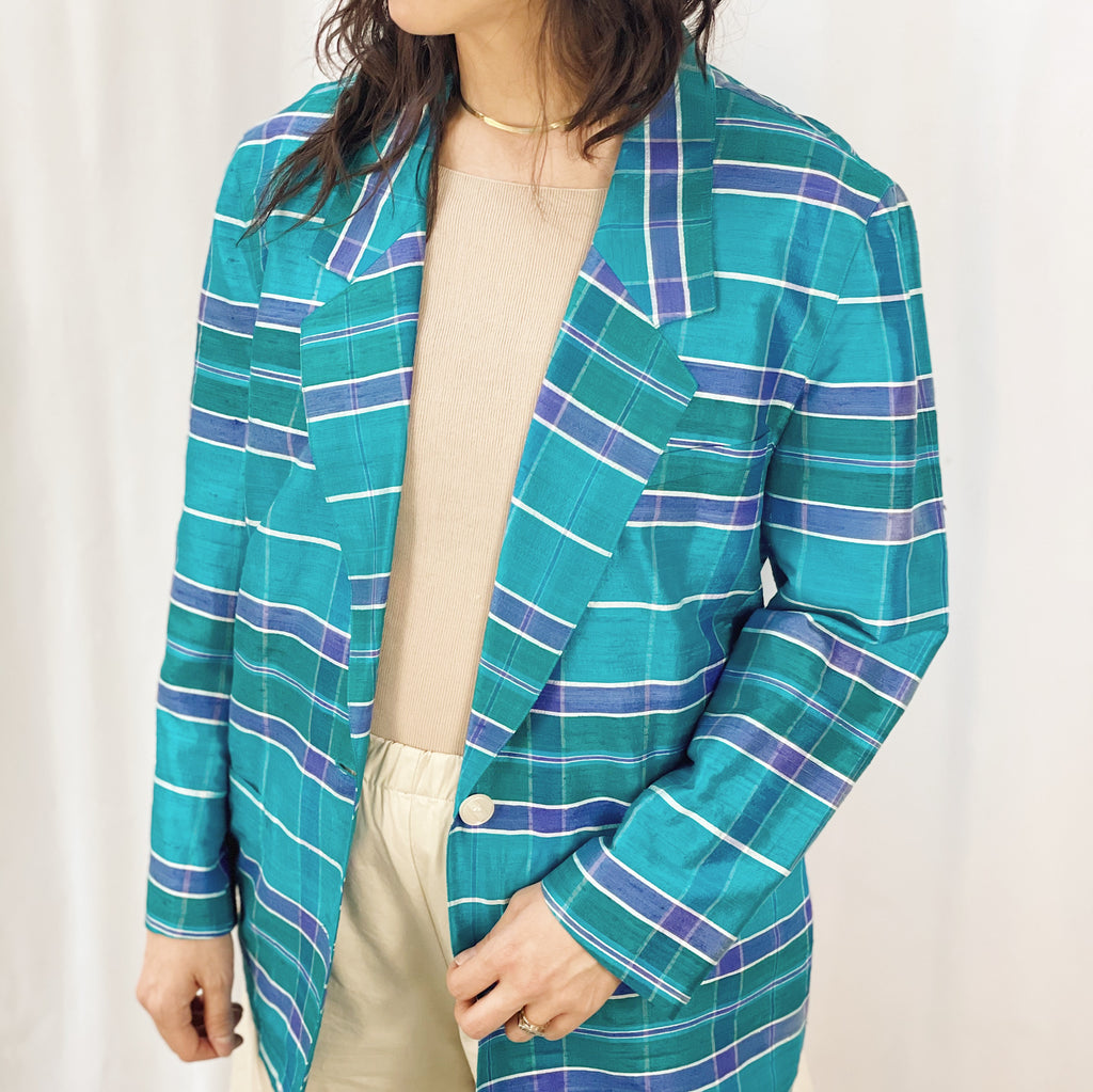 Vintage Lapis Plaid Silk Blazer