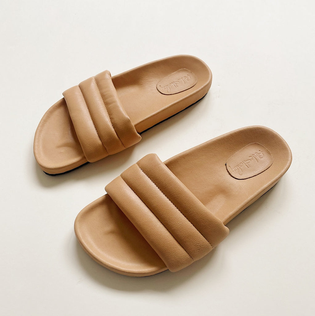 Camel Leather Slide Sandals