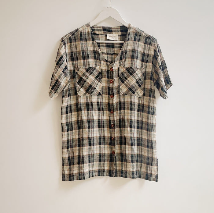 Textured Plaid Buttoned Blouse